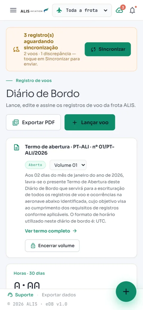 Diário de Bordo no app da Alis: termo de abertura, volume aberto e sincronização offline