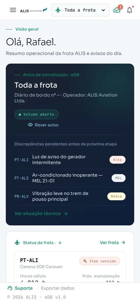 Tela inicial do app da Alis: resumo da frota e avisos do dia